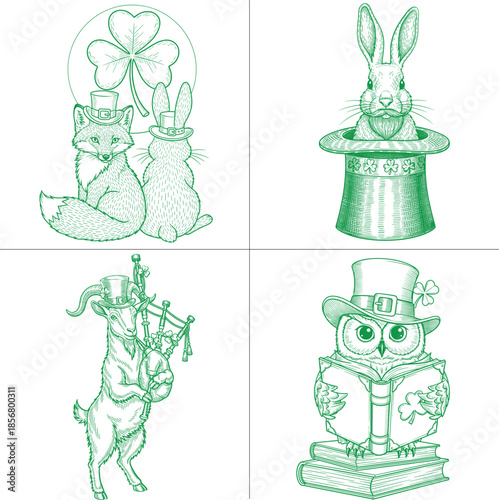 St Patrick’s Day Cute Animal Illustration Set with Shamrock and Irish Elements, Green Festive Wildlife Character Collection Artwork for Holiday Designs