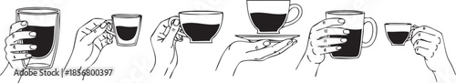Minimalist Line Art of Hands Holding Various Coffee Cups
