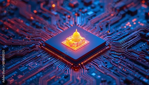 Golden United States Capitol Building Model on a Glowing Electronic Circuit Board; Concept for Government Technology, Civic Tech, Digital Legislation, and Federal Cybersecurity Infrastructure.