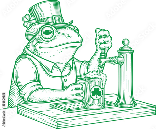 St Patrick’s Day Cute Animal Illustration Set in Green, Irish Bear Raccoon Chipmunk and Badger Characters with Leprechaun Hats Artwork