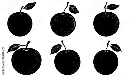 Five black apples with leaves on white background silhouette fruit