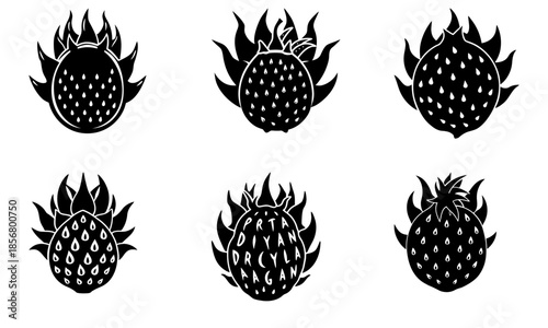 Black and white dragon fruit silhouette with flames and text on white background