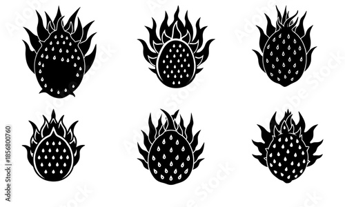 Silhouette of a Dragon Fruit with Flame on Transparent Background black and white