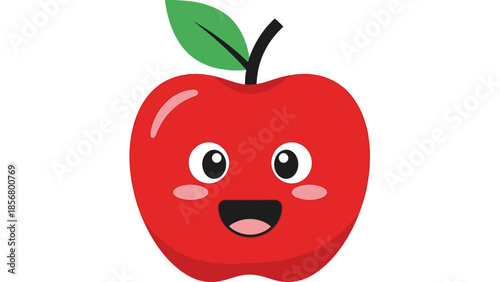 Happy Cartoon Red Apple with Green Leaf Smiling on Isolated White Background