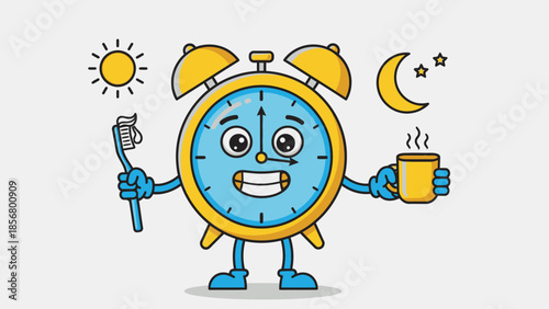 Energetic Cute Alarm Clock Character Brushing Teeth and Drinking Coffee during Morning Routine on Light Gray Background