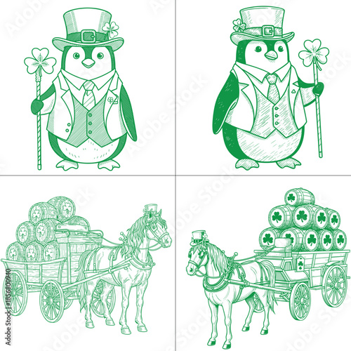 St Patrick’s Day Cute Animal Illustration Set in Green, Irish Bear Raccoon Chipmunk and Badger Characters with Leprechaun Hats Artwork