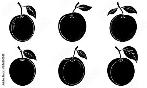 Five black plums with leaves on white background fruit silhouette