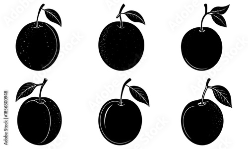 Five black plums with leaves on white background fruit leaf 2