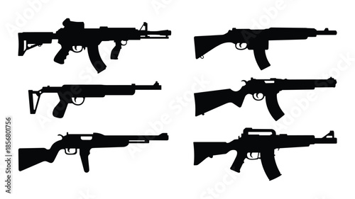 Collection of six black silhouettes of various rifle firearms on a white background weapon