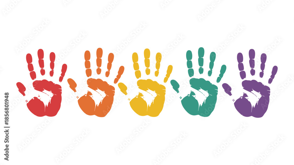 Fototapeta premium Five Colorful Handprint Imprints in a Row on White Background hand print rainbow