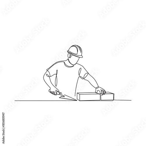 Continuous line drawing of a construction worker laying bricks with a trowel