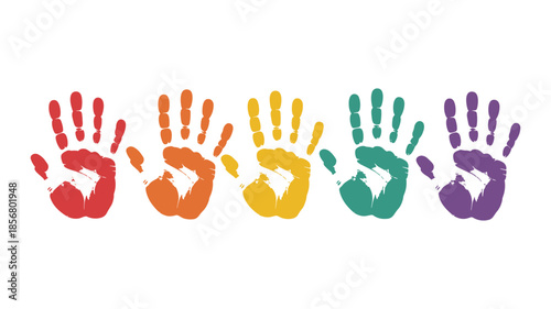 Five Colorful Handprint Imprints in a Row on White Background hand print rainbow