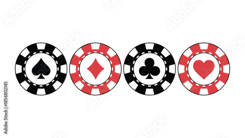 Four casino poker chips with suit symbols on a white background gambling game