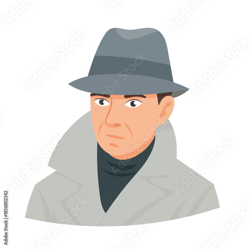 Man private detective, cute cartoon. Flat vector clipart, illustration with isolated background.