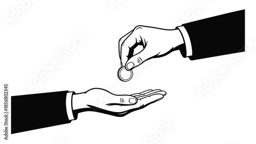 Hand giving coin to another hand in black and white illustration money receiving