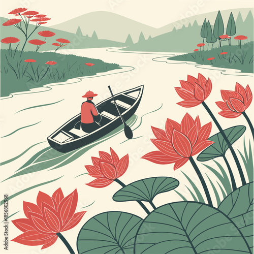 A serene landscape depicts a lone boatman rowing down a gentle river amidst lush foliage and vibrant flowers