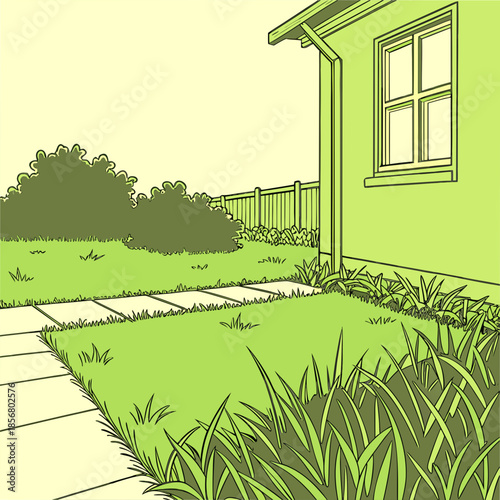 A simple illustration depicts a green house exterior with a neatly maintained lawn a stone pathway and a wooden fence