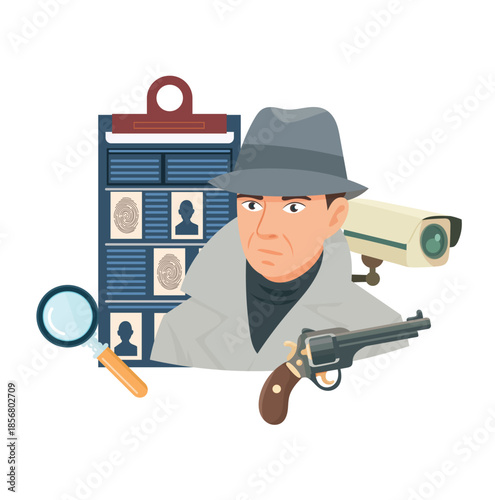 Proving a crime. Detective. Flat vector clipart, illustration with isolated background.
