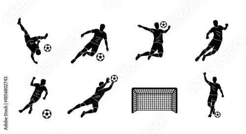 Dynamic soccer players in action with goal silhouette