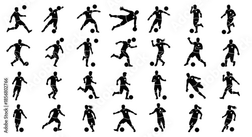Collection of dynamic soccer player silhouettes in action poses