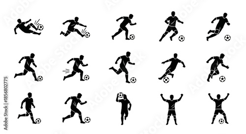 Dynamic soccer players in action poses with balls