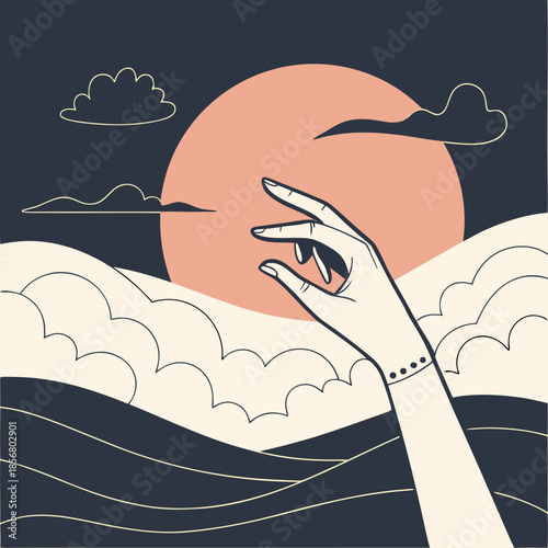 A stylized illustration depicts a hand reaching towards a large reddish sun above rolling waves and clouds