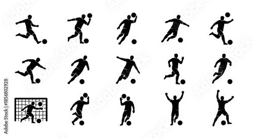Collection of dynamic soccer player silhouettes in action