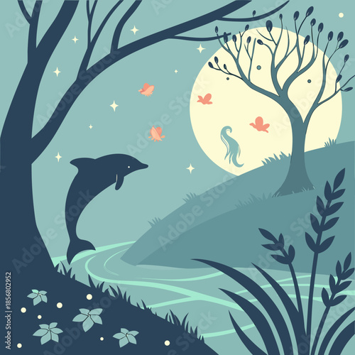 A serene illustration depicts a leaping dolphin birds in flight and a full moon shining over a tranquil landscape