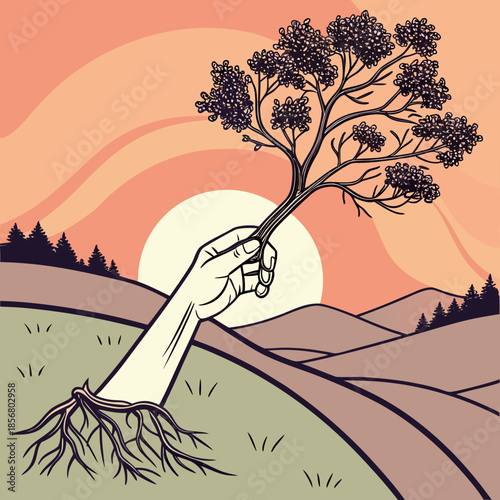 A stylized illustration depicts a hand emerging from the earth tenderly holding a young tree against a sunset backdrop