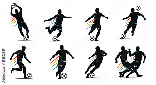 Dynamic soccer players in action poses with colorful motion lines