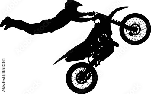 Motocross rider performing extreme freestyle stunt in midair, dynamic dirt bike silhouette capturing action, adrenaline, athletic skill, powerful movement, dramatic vector illustration