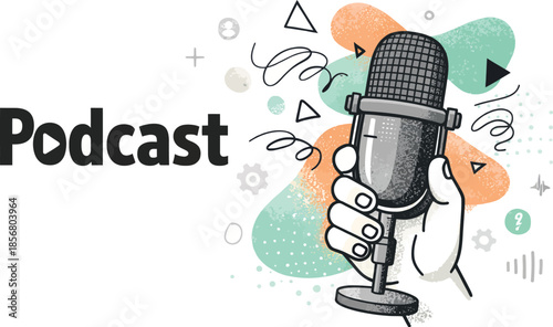 Podcast Hand Holding Vintage Microphone with Abstract Doodle Elements on White Background