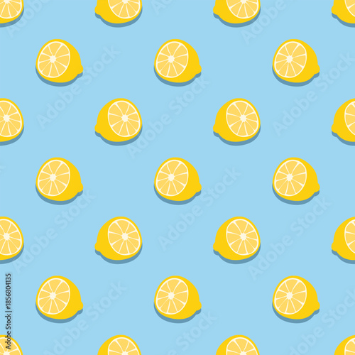 Yellow lemons on a blue background seamless pattern. Simple vector illustration for textiles, fabrics and wrapping paper.