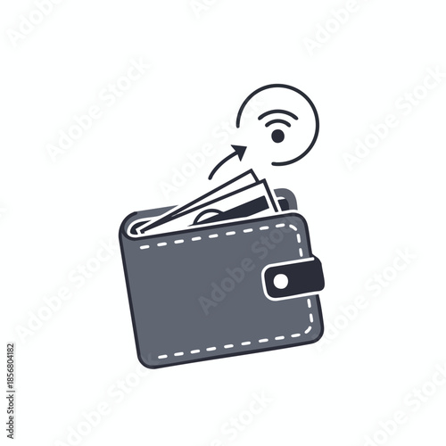 A wallet with cash, a signal, and an upward arrow, showing contactless payment