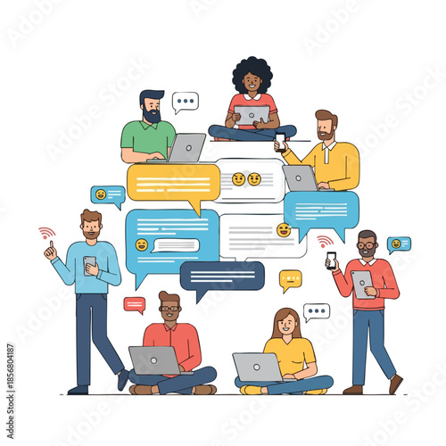 Group of diverse people with laptops and phones, communicating via chat bubbles
