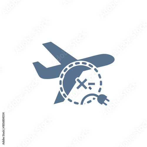 A blue airplane graphic with a cancellation symbol and power plug