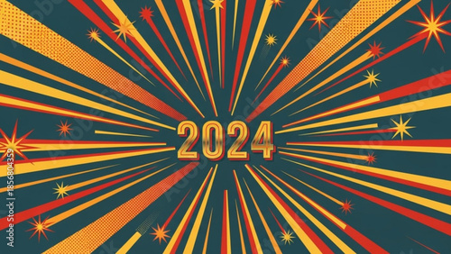 Vibrant 2024 new year celebration background with dynamic orange, red and yellow rays on dark blue, festive