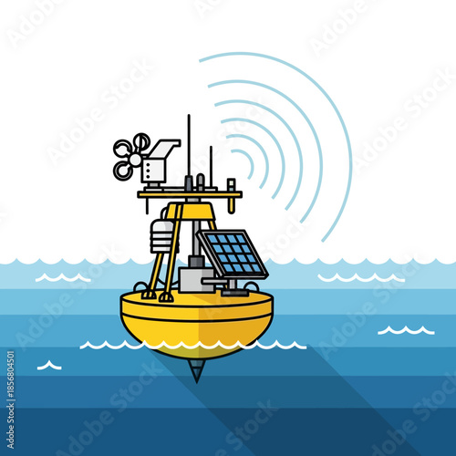 Yellow Marine Weather Buoy Illustration with Solar Panel and Anemometer.