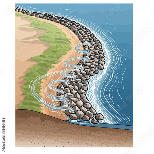 Coastal rock revetment protecting sandy beach from ocean waves, illustrating erosion control and water flow.