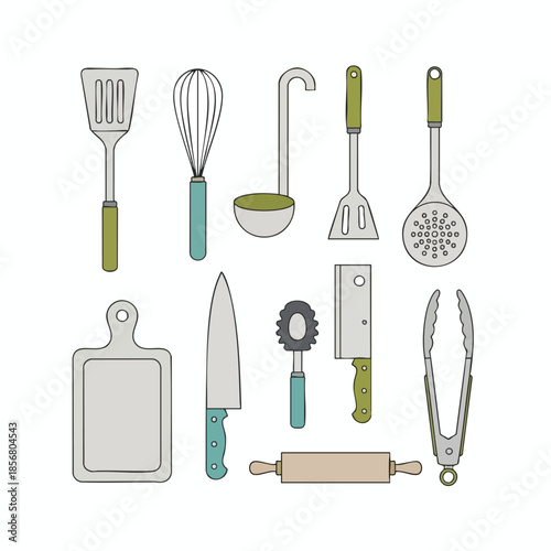A vector illustration of various kitchen utensils with colored handles