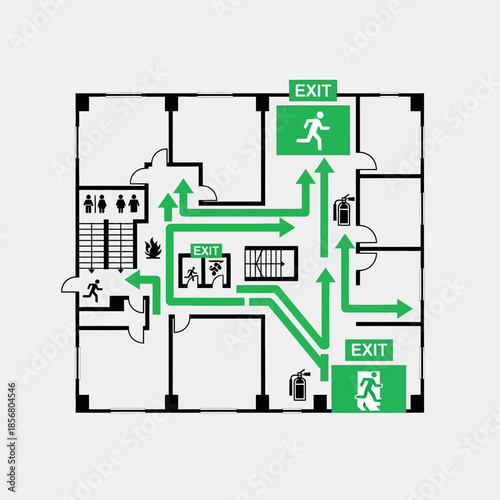 Detailed emergency exit plan with green arrows indicating escape routes and safety symbols on a building floor map.