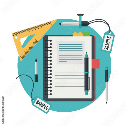 Flat design stationery collection featuring spiral notebook, pens, ruler, and set square.