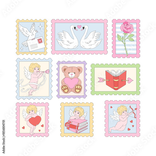 Valentines day postage stamp clipart set in hand drawn vintage illustration style