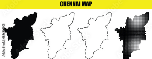 Chennai map vector set Tamil Nadu India district silhouette solid black white outline dot maps blank isolated geographic