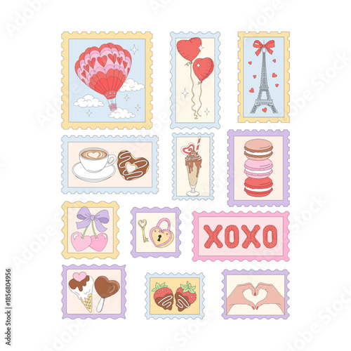 Valentines day postage stamp clipart set in hand drawn vintage illustration style