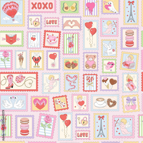 Valentines day seamless pattern with vintage postage stamps in hand drawn style