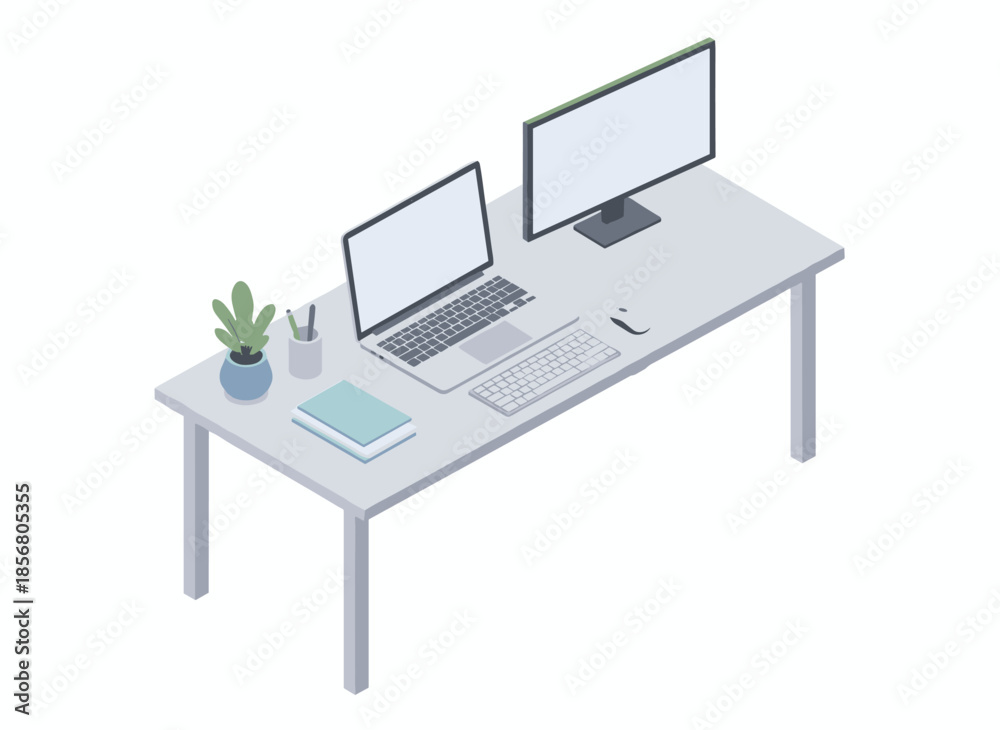 Fototapeta premium Modern workspace setup with dual monitors and laptop