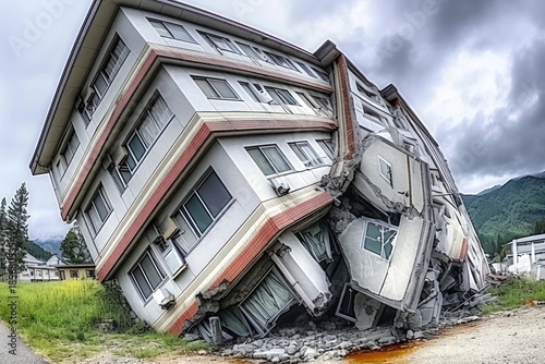 The collapsed building, partially suspended in mid-air, lay in front of the apartment building, serving as a disaster safety concept.