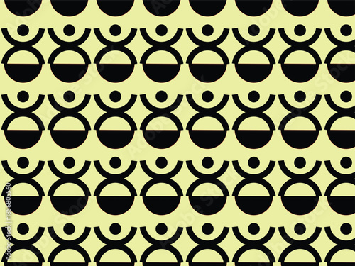 This image displays a repeating geometric pattern consisting of abstract black figures on a pale yellow background. Each figure is symmetrical and stylized, featuring a large semi-circle base,