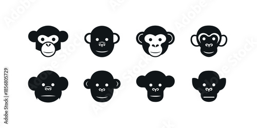 Minimalist Monochrome Monkey Face Icons for Clean Design Projects, Perfect for Branding and Marketing Materials